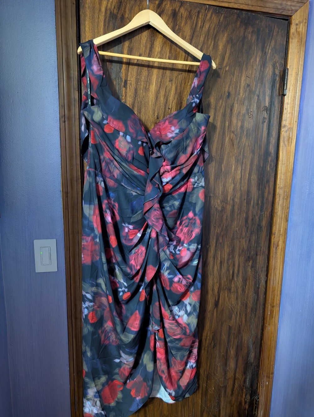 Draped Floral Midi Dress in Black and Red